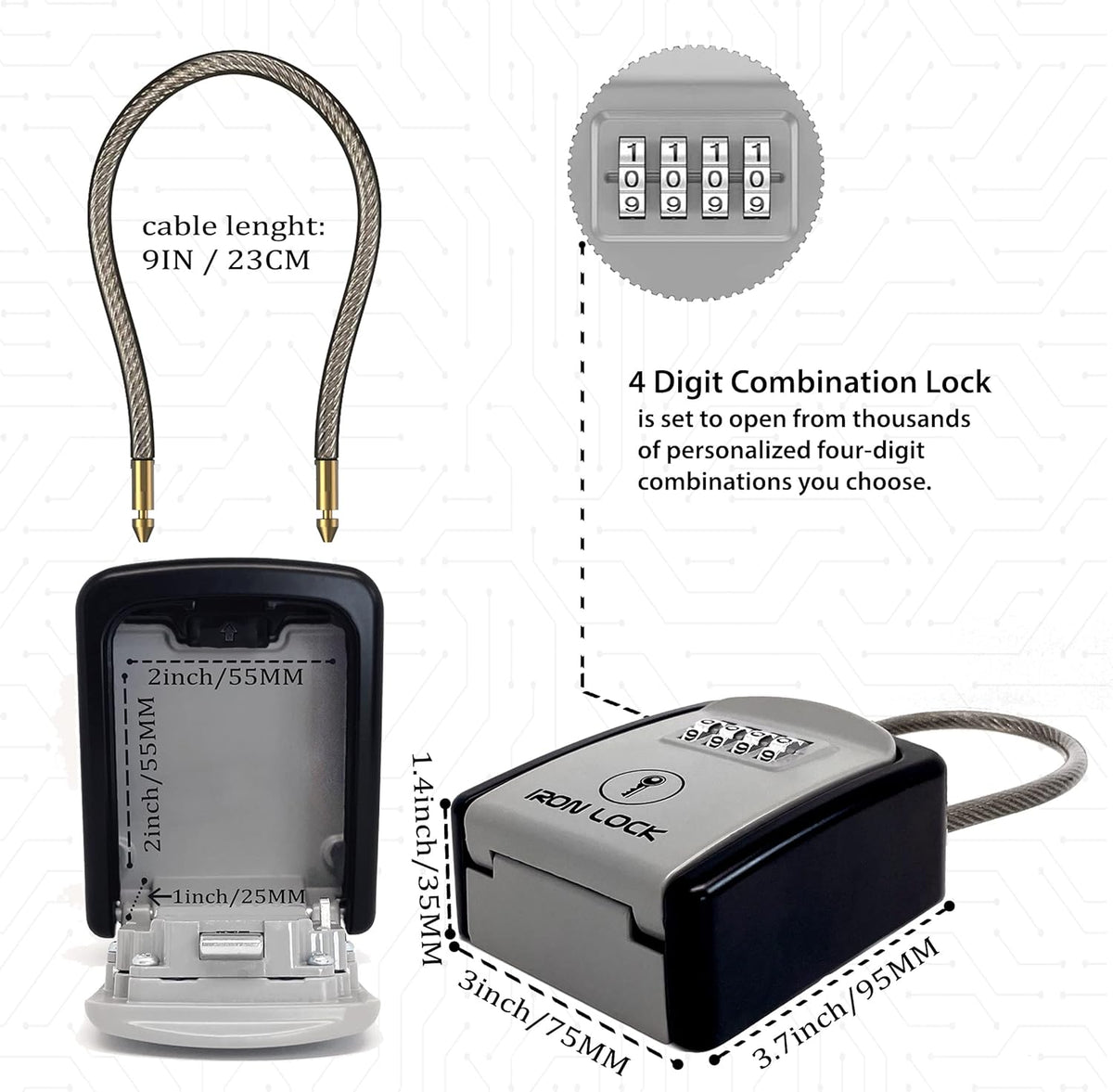 Key Lock Box Portable with Removable Cable Shackle Waterproof 4 Digit Combination S87062